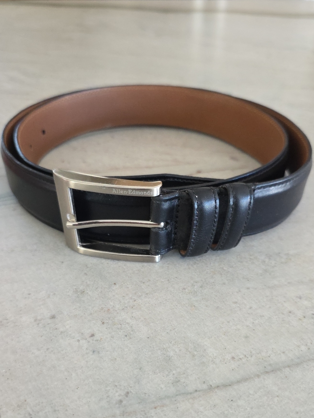 Allen Edmonds Black Leather Belt with Silver Buckle